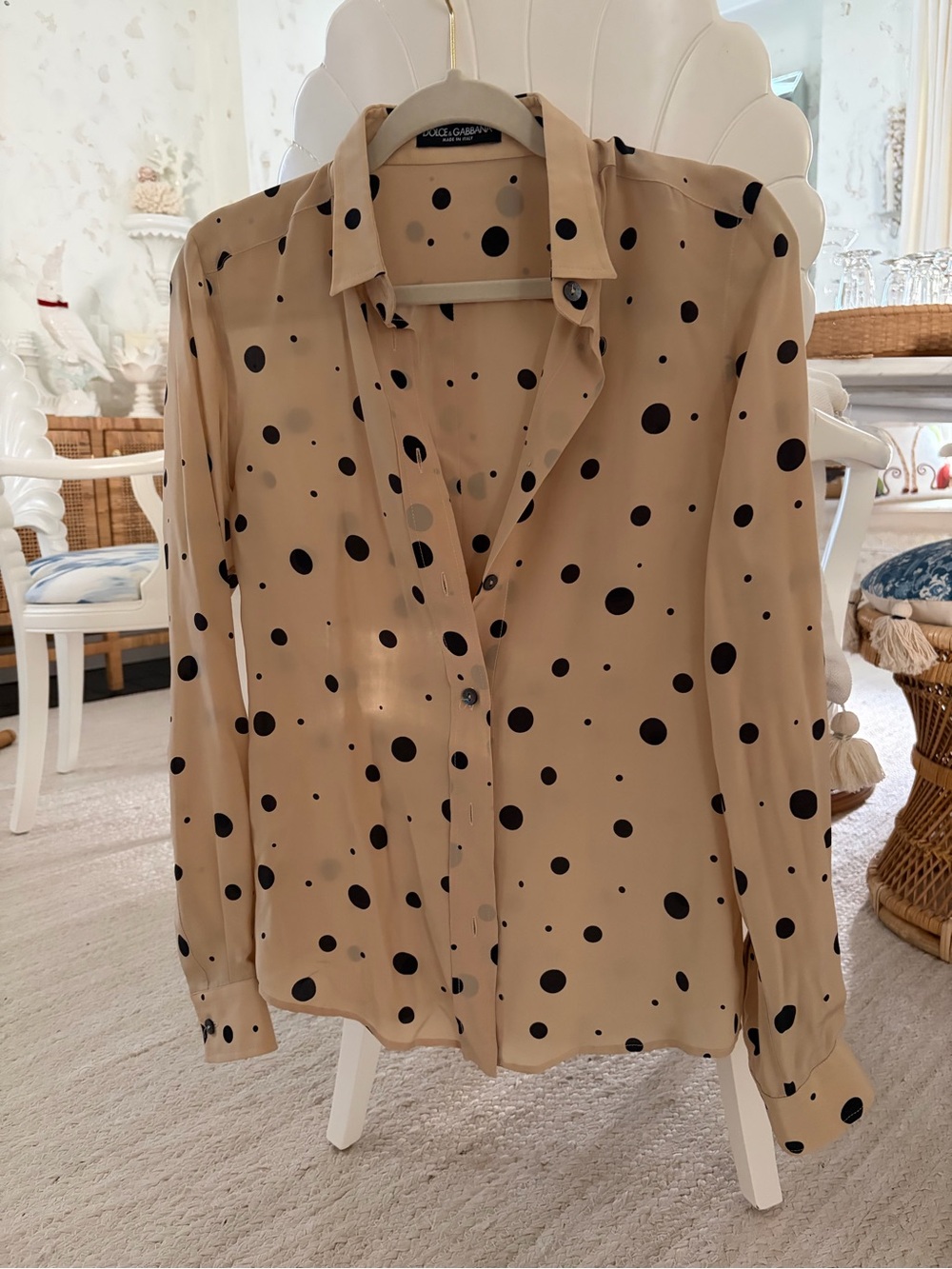 Dolce & Gabbana Beige and Black Polka Dot Silk Button-Down Shirt